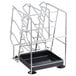 A stainless steel countertop rack with black trays for 6 squeeze bottles.