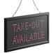 A white rectangular LED sign with red and white letters that says "Take Out Available" in red.