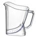 A clear plastic San Jamar beer pitcher with a handle.