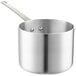A silver aluminum Choice saucepan with a wooden handle.