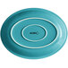 An Acopa Capri Caribbean Turquoise stoneware oval coupe platter with a white border and a logo that says "Capri" in white.