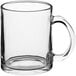 A clear glass Acopa coffee mug with a handle.