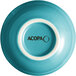 A Caribbean turquoise stoneware bouillon bowl with a white rim and the word "Acopa" in black.