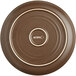 An Acopa Embers hickory brown matte ceramic plate with a coupe shape and white lines on the rim.