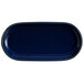 An Acopa Azora Blue stoneware oblong coupe platter with a black rim.