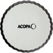 An Acopa white stoneware souffle dish with black accents and the word Acopa on it.
