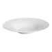 A bright white porcelain pasta bowl with embossed lines and a wide rim.