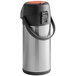 A silver Acopa stainless steel decaf airpot with a black push button.
