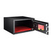 A Barska black steel surface-mount biometric security safe with a red interior.