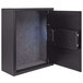 A black metal Barska hotel security wall safe with the door open and a blue LED display inside.