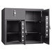 A black steel Barska dual security safe with two compartments and open doors.