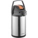 An Acopa stainless steel airpot with a metal lever and orange lid.