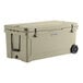 A tan CaterGator outdoor cooler with wheels and a handle.