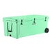 A CaterGator seafoam green outdoor cooler with wheels and black handles.