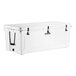 A white CaterGator outdoor cooler with black handles and wheels.