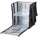 A black and silver Cambro insulated delivery backpack with shelves.