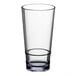 A clear plastic Choice stackable cooler glass with a black base.