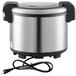 A stainless steel Galaxy rice cooker with a black and silver sealed lid and cord.