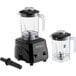A black Galaxy commercial blender with clear Tritan plastic cups.