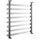 A chrome and black metal rack with several metal bars.
