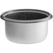 A white non-stick pot with a black lid.