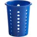 A blue plastic flatware holder with holes.