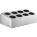 A silver rectangular stainless steel flatware organizer with black perforated plastic cylinders.