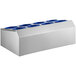 A white box with blue plastic cups and a silver flatware organizer.