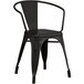 A black Lancaster Table & Seating metal arm chair.