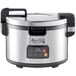An Avantco silver and black electric rice cooker.