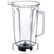 A clear blender jar with handles.