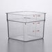 A square clear plastic Cambro food storage container with red writing.