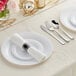 A white table setting with Visions white plastic plates and Classic Rolled silver plastic flatware with a white napkin rolled up.