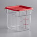 A Vigor clear square polycarbonate food storage container with a red lid and red handle.