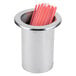 A silver San Jamar in-counter straw dispenser with red straws inside.