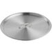 An aluminum pot lid with a silver metal handle.