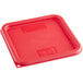 A red square Carlisle polypropylene lid on a clear plastic container.