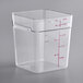 A square clear plastic Carlisle food storage container with red writing.
