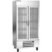 A silver Beverage-Air reach-in freezer with glass doors on a white background.