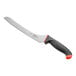 A Schraf bread knife with a black blade and red handle.