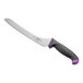 A Schraf bread knife with a purple allergen-free TPRgrip handle and black blade.