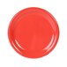 A red plate with a wide rim on a white background.