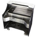 A stainless steel Perlick mobile bar cart with drawers and wheels.
