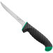 A Schraf boning knife with a green handle.