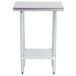 A white stainless steel work table with a galvanized shelf underneath.