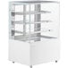 An Avantco white dry bakery display case with glass shelves.