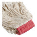A close-up of a Rubbermaid white blend wet mop head with a red and white handle.