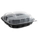 A 10" x 10" x 3" plastic microwaveable 3-compartment hinged container with a lid.