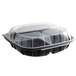 A 10" x 10" plastic microwaveable 3-compartment container with a clear lid.