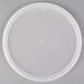A white plastic lid for a round translucent deli container.